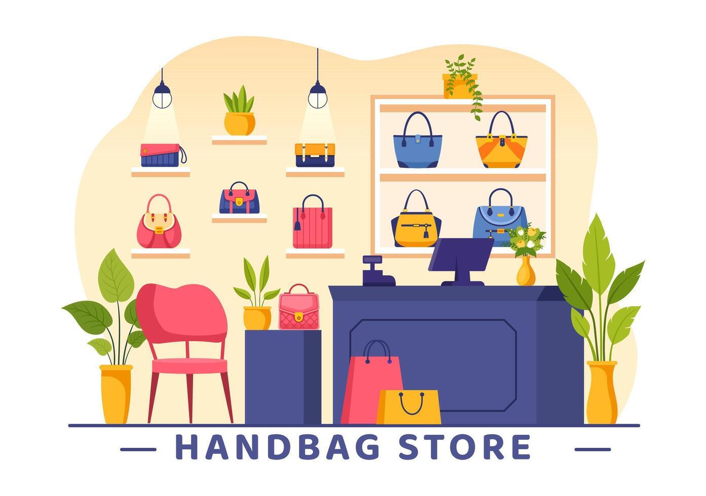 bolso Tienda ilustración con colección de varios calidad pantalones y diferente tipos de estilo de vida en plano dibujos animados antecedentes diseño vector