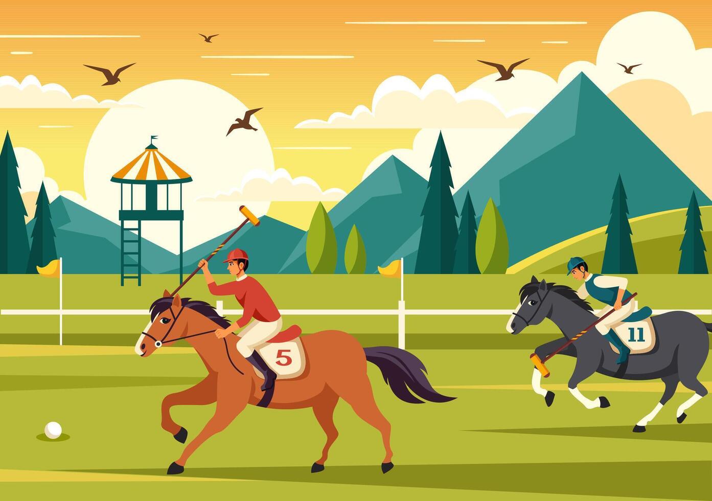 Polo Horse Sports Illustration with Player Riding Horse and Holding Stick use Equipment Set to Competition in Flat Cartoon Background vector