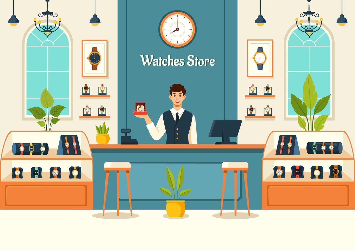 relojes Tienda ilustración con presentación de elegante reloj de pulsera colección varios modelos, término análogo y digital en plano dibujos animados antecedentes vector