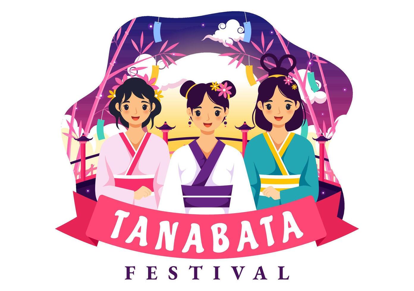 tanabata Japón festival ilustración con personas vistiendo kimono y peonías flores en nacional fiesta plano linda dibujos animados antecedentes vector