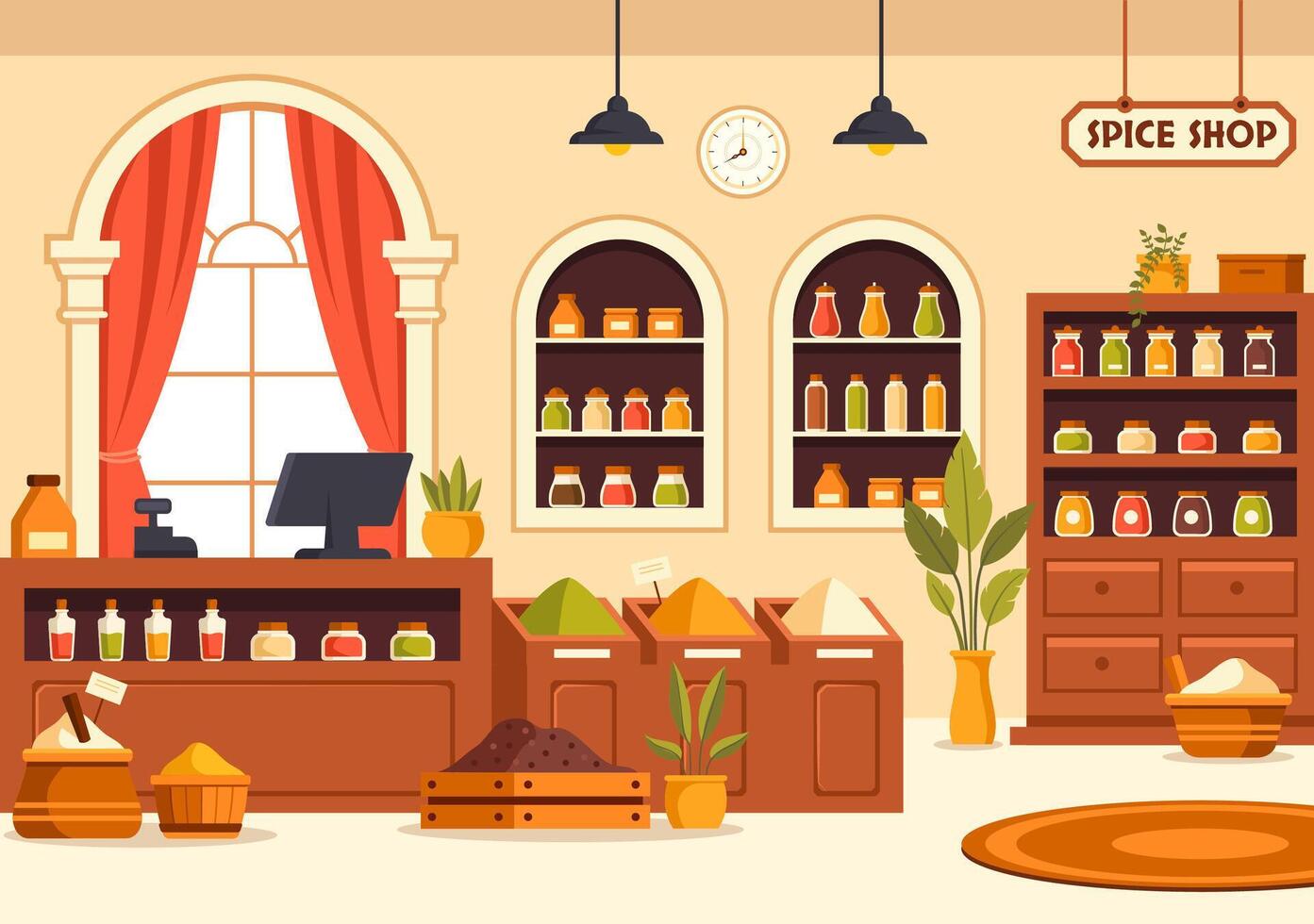 Spice Shop Illustration With Different Hot Sauces, Condiment, Exotic Fresh Seasoning and Traditional Herbs in Flat Cartoon Background vector