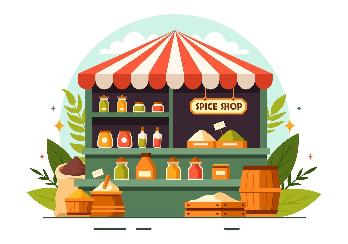 especia tienda ilustración con diferente caliente salsas, condimento, exótico Fresco Condimento y tradicional hierbas en plano dibujos animados antecedentes vector