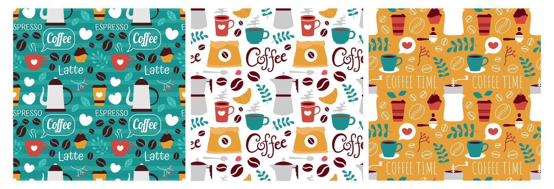 café hora sin costura modelo diseño con cacao frijoles, granos y jarra en dibujos animados plano ilustración vector