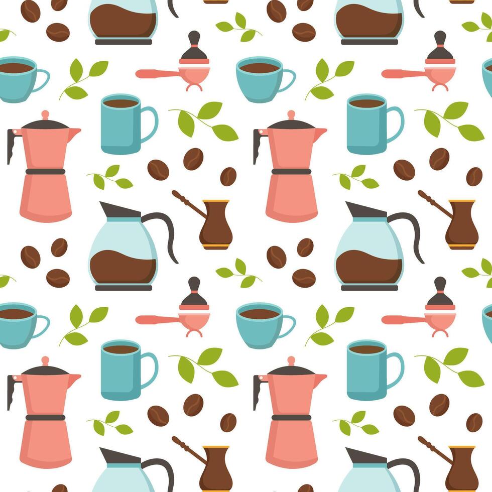 Coffee Time Seamless Pattern Design With Cacao Beans, Grains and Jug in Cartoon Flat Illustration vector