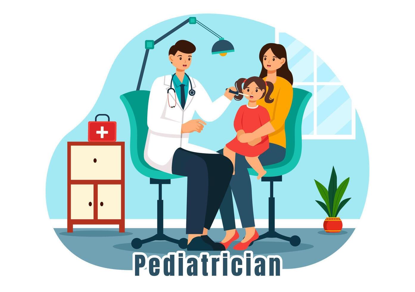 pediatra ilustración con examina enfermo niños para médico desarrollo, vacunación y tratamiento en plano dibujos animados antecedentes diseño vector