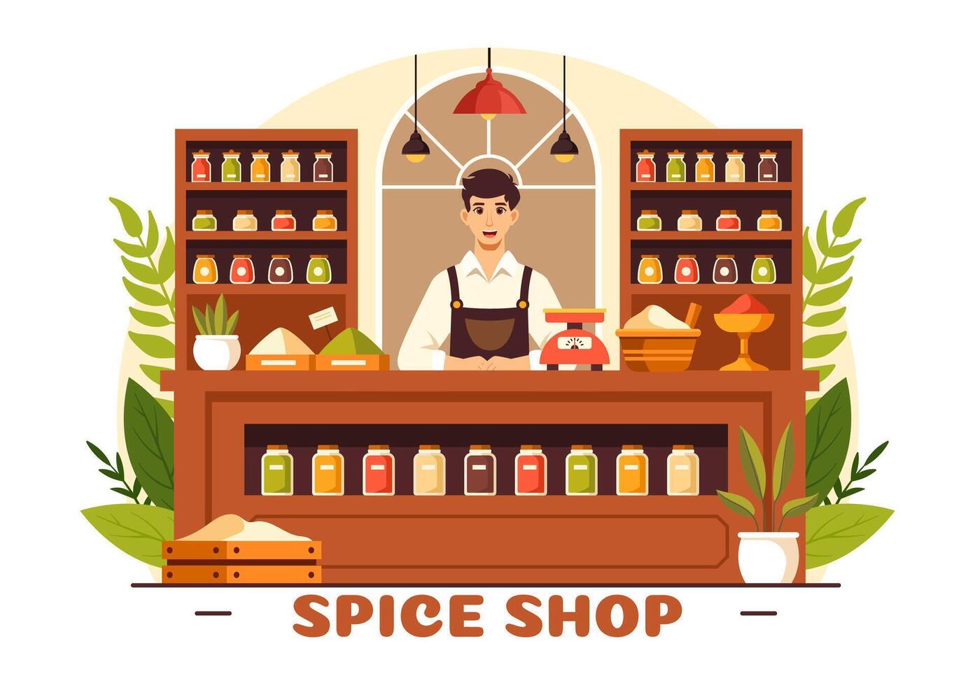 especia tienda ilustración con diferente caliente salsas, condimento, exótico Fresco Condimento y tradicional hierbas en plano dibujos animados antecedentes vector