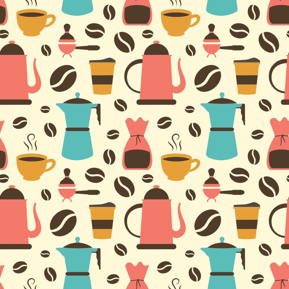 Coffee Time Seamless Pattern Design With Cacao Beans, Grains and Jug in Cartoon Flat Illustration vector
