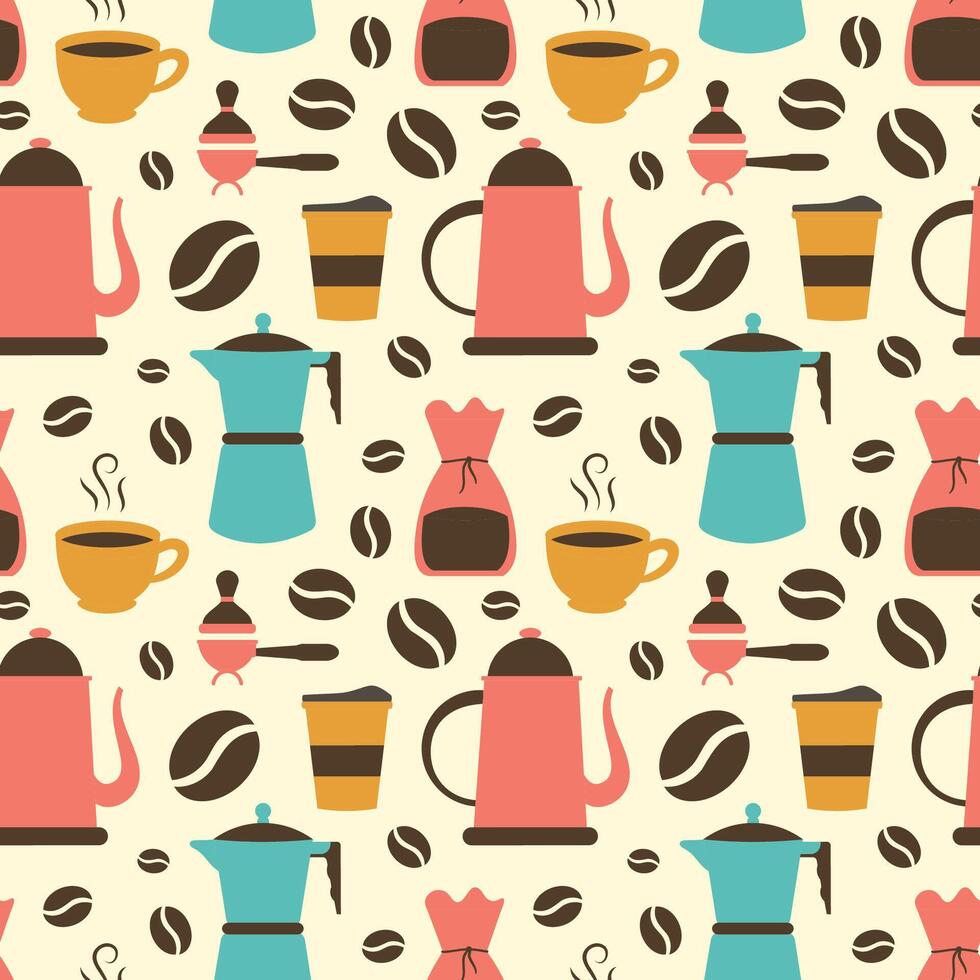 Coffee Time Seamless Pattern Design With Cacao Beans, Grains and Jug in Cartoon Flat Illustration vector