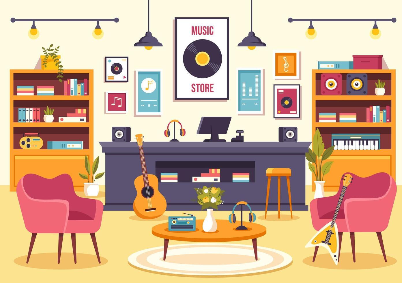 música Tienda ilustración con varios musical instrumentos, cd, casete cintas y audio grabaciones en plano estilo dibujos animados antecedentes diseño vector