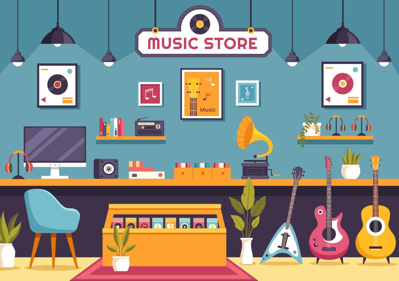 música Tienda ilustración con varios musical instrumentos, cd, casete cintas y audio grabaciones en plano estilo dibujos animados antecedentes diseño vector