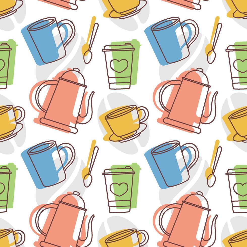 Coffee Time Seamless Pattern Design With Cacao Beans, Grains and Jug in Cartoon Flat Illustration vector