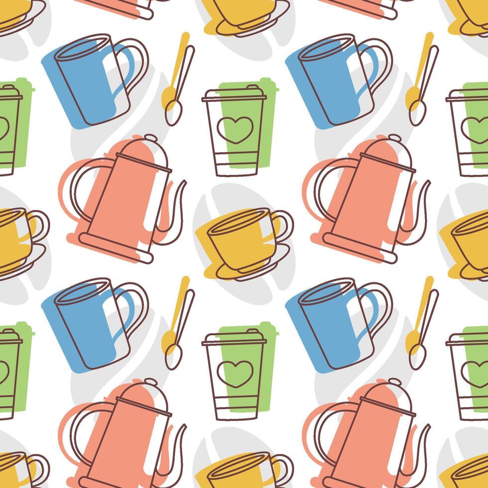 Coffee Time Seamless Pattern Design With Cacao Beans, Grains and Jug in Cartoon Flat Illustration vector