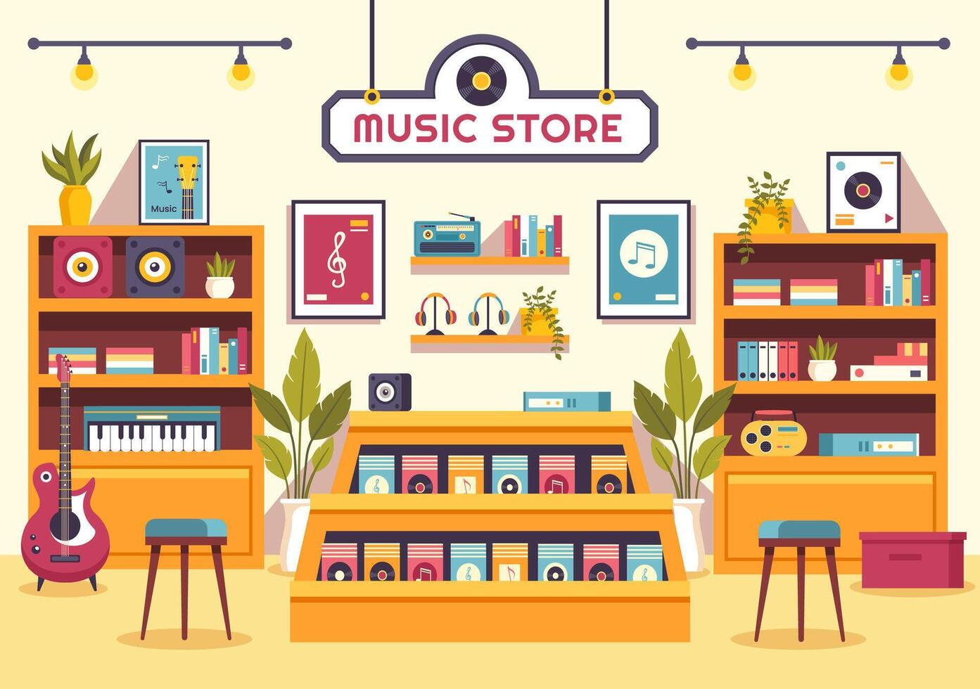 música Tienda ilustración con varios musical instrumentos, cd, casete cintas y audio grabaciones en plano estilo dibujos animados antecedentes diseño vector