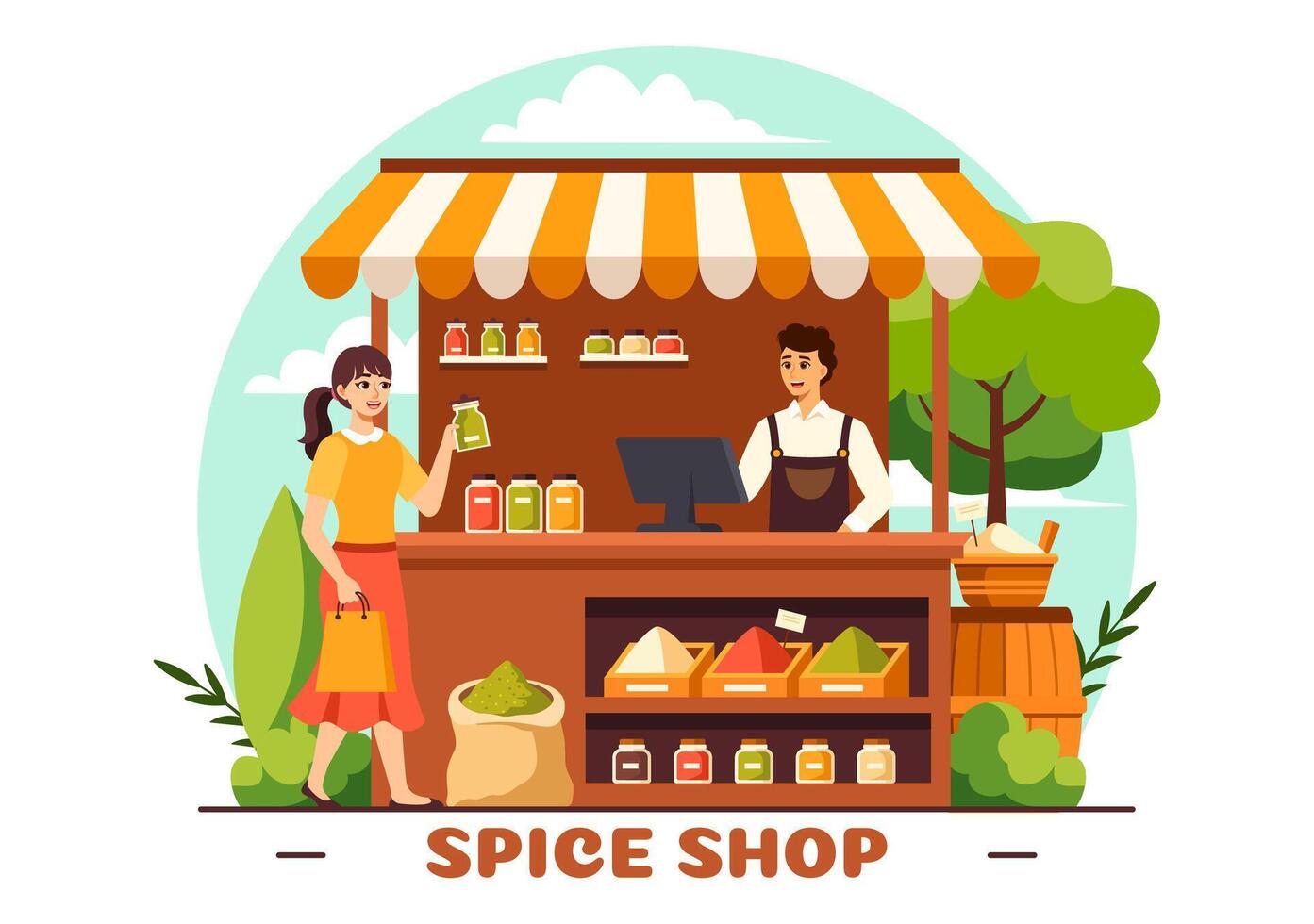 especia tienda ilustración con diferente caliente salsas, condimento, exótico Fresco Condimento y tradicional hierbas en plano dibujos animados antecedentes vector