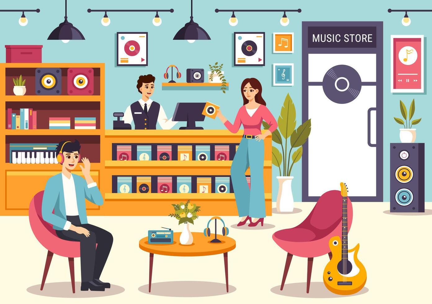 música Tienda ilustración con varios musical instrumentos, cd, casete cintas y audio grabaciones en plano estilo dibujos animados antecedentes diseño vector