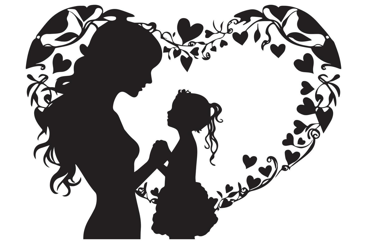 Mother with her baby, heart, outline silhouette vector