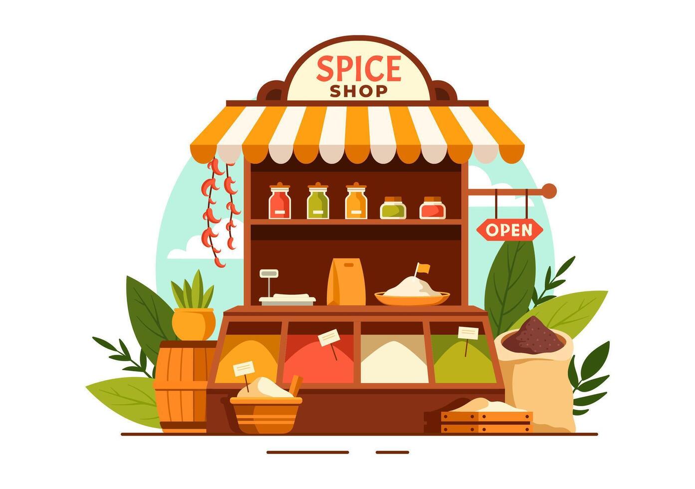 especia tienda ilustración con diferente caliente salsas, condimento, exótico Fresco Condimento y tradicional hierbas en plano dibujos animados antecedentes vector