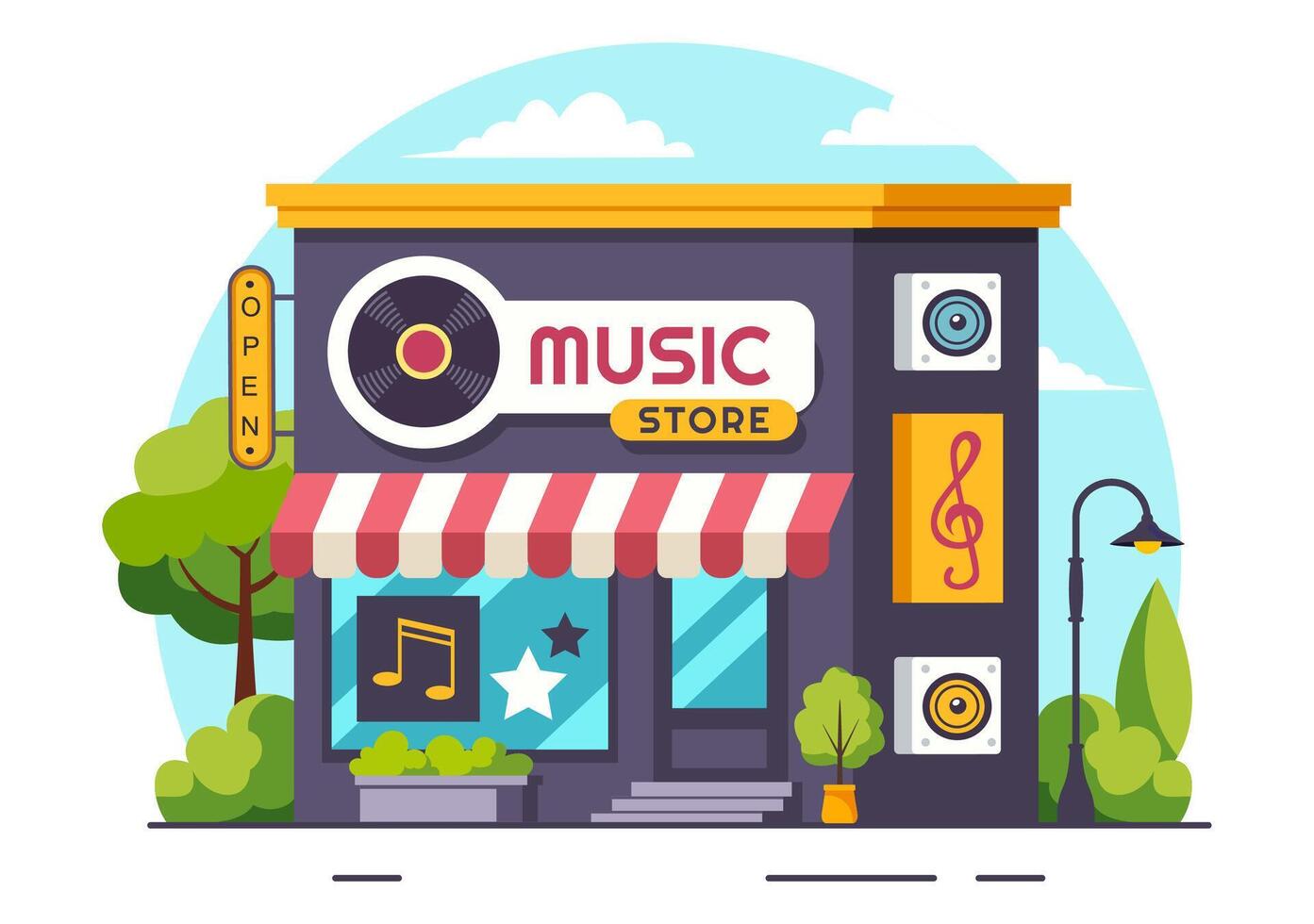 música Tienda ilustración con varios musical instrumentos, cd, casete cintas y audio grabaciones en plano estilo dibujos animados antecedentes diseño vector