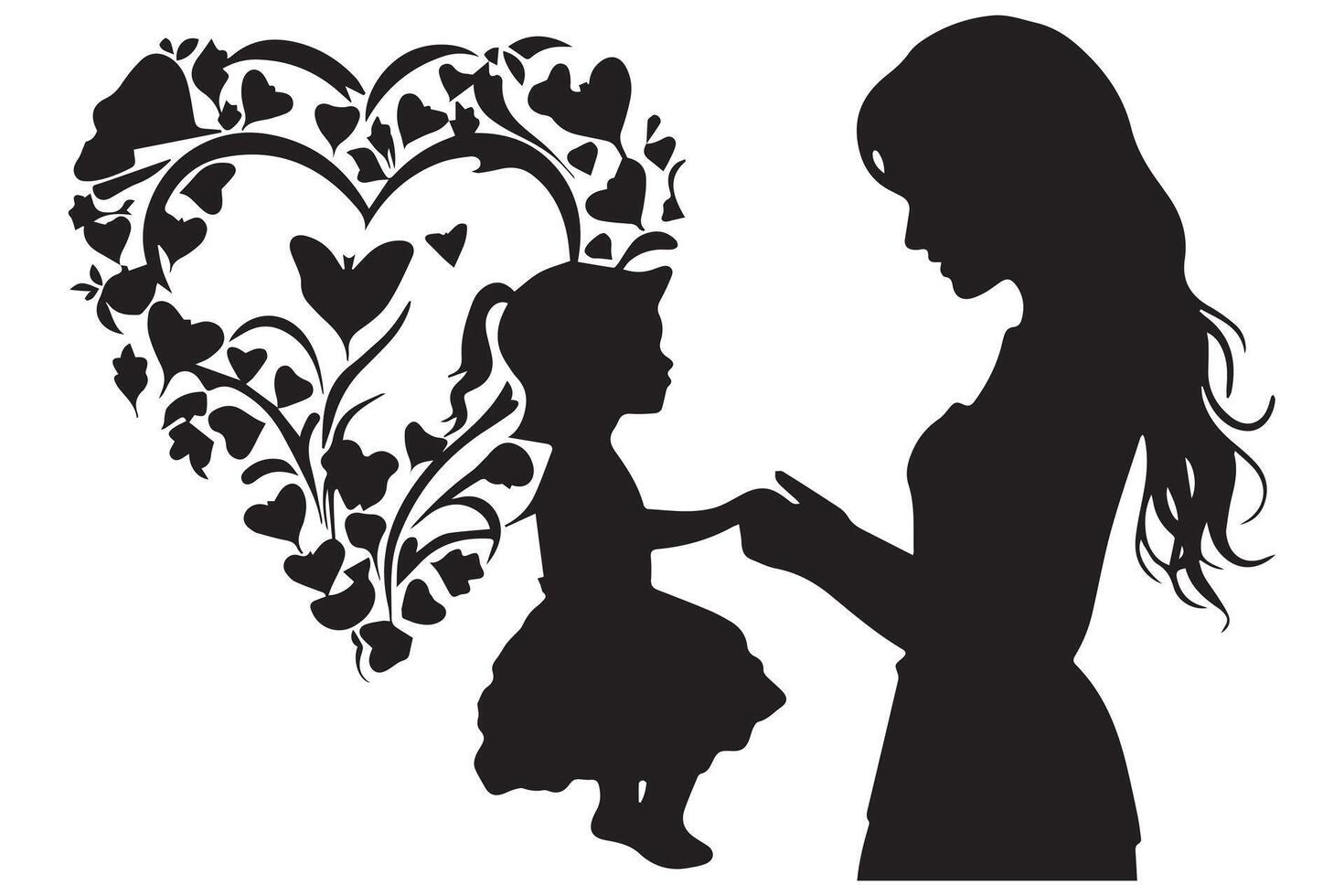 Mother with her baby, heart, outline silhouette, mother care icon on white background vector