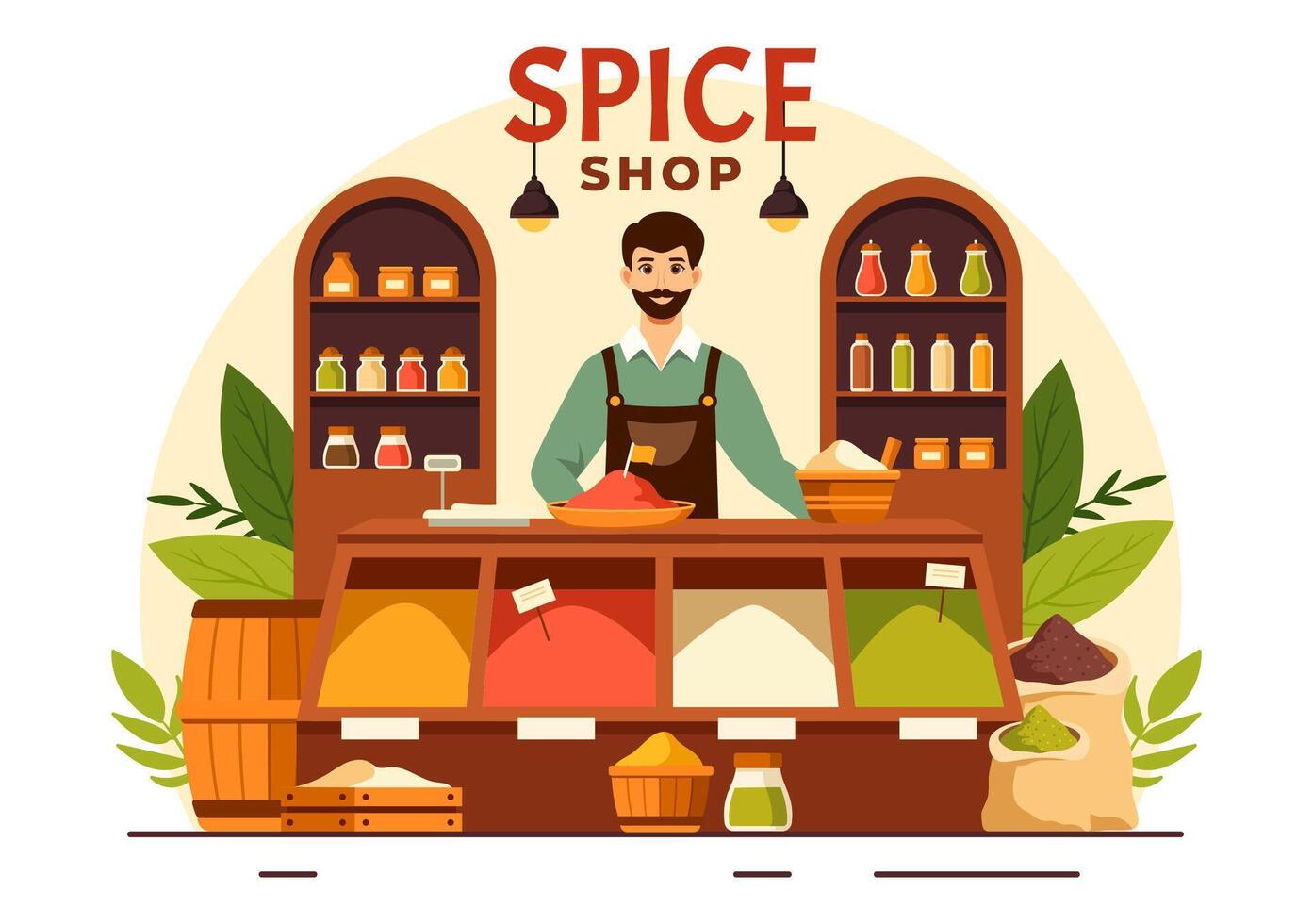 especia tienda ilustración con diferente caliente salsas, condimento, exótico Fresco Condimento y tradicional hierbas en plano dibujos animados antecedentes vector