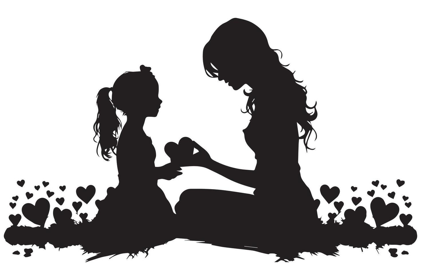 Mother with her baby, heart, outline silhouette, mother care icon on white background vector