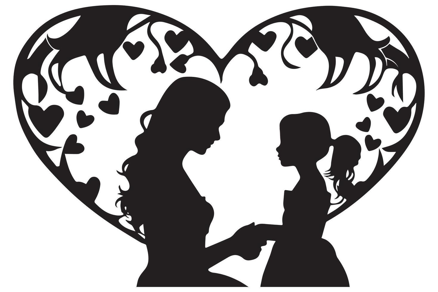 Mom and child love in the style of silhouette white backgroundmother and daughter silhouette in the heart shape, silhouette of a girl with heart vector