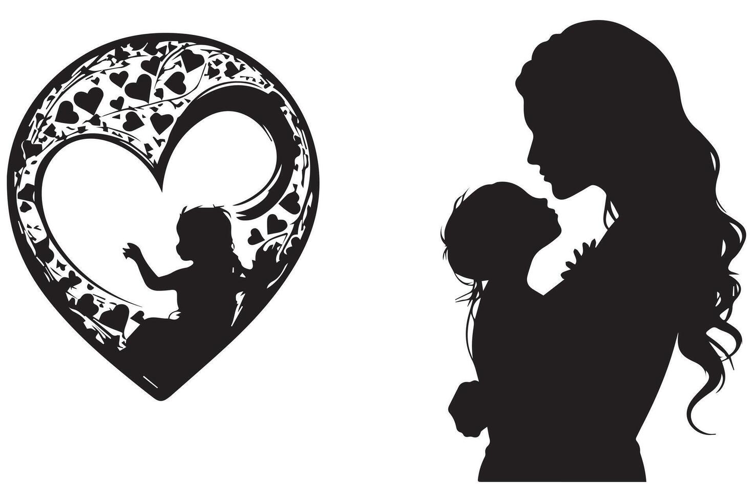 black silhouette mom and baby daughter love shape white background pro design vector