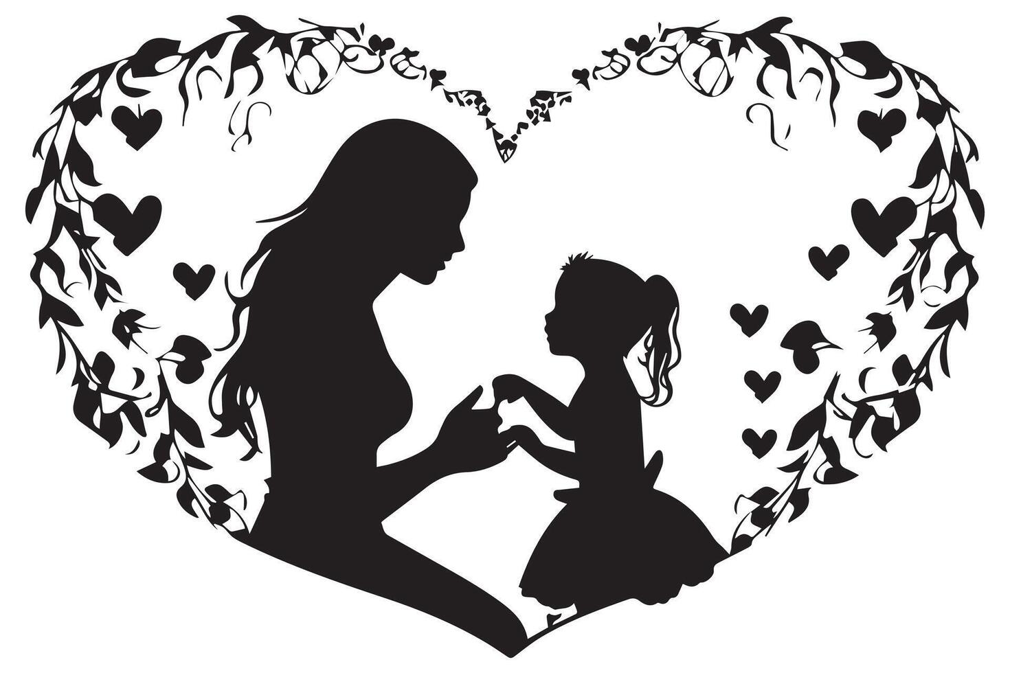 A Mother And Daughter Silhouette In The Heart Shape vector