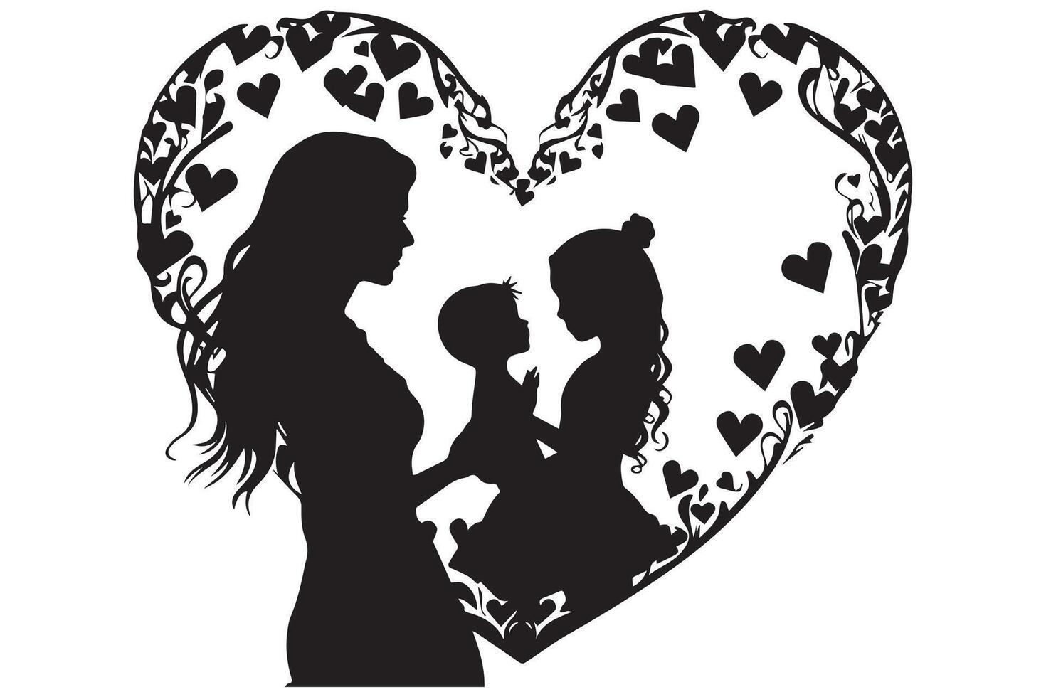 black silhouette mom and baby daughter love shape white background pro design vector