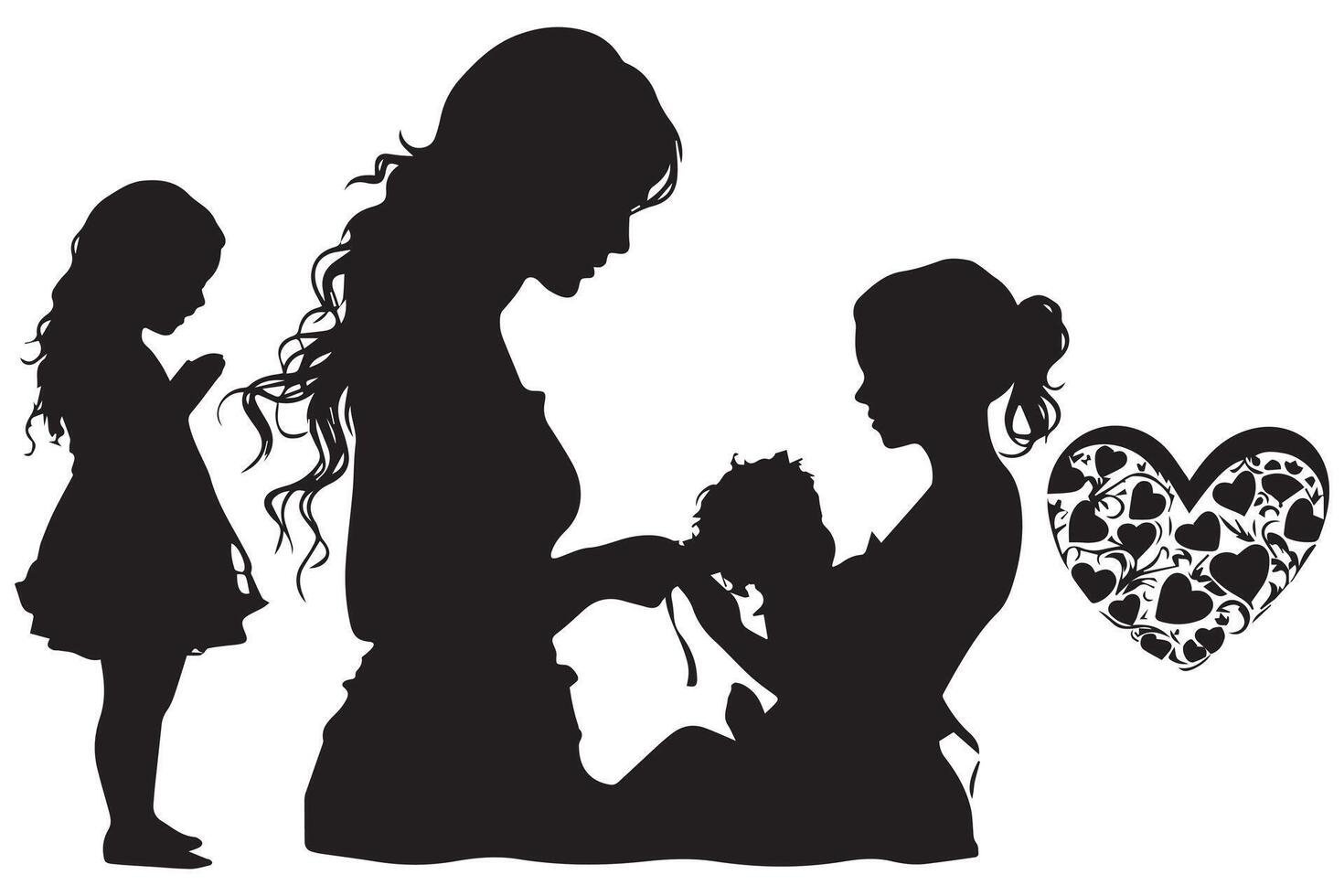 Mother with her baby, heart, outline silhouette, mother care icon on white background vector