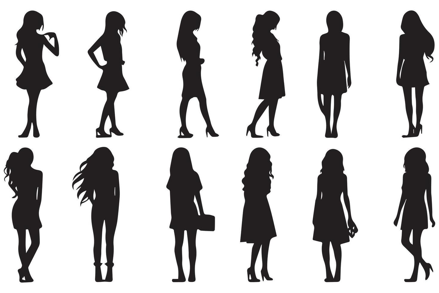 Set of black silhouettes of girls isolated on white background free design vector