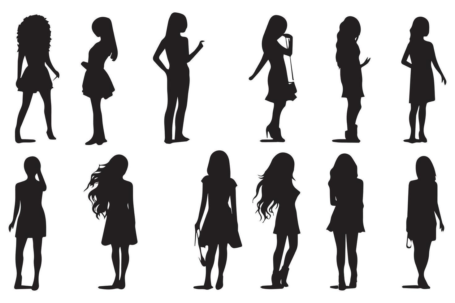 Set of silhouette. Black people on white background. Profile walking girls. pro design vector