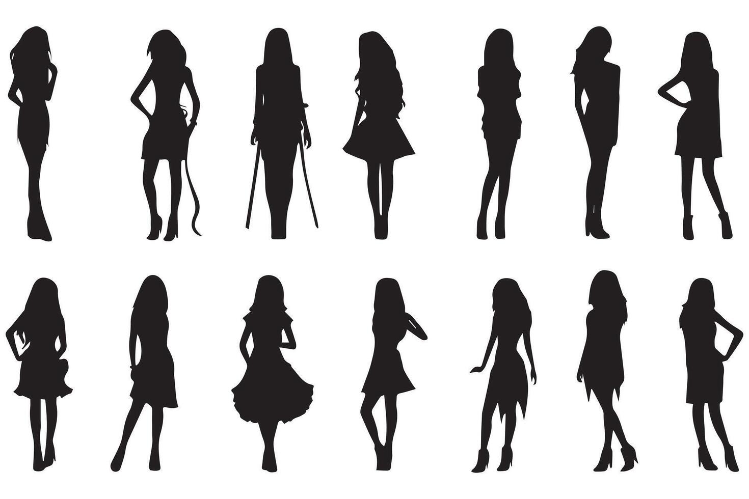 Set of black silhouettes of girls isolated on white background free design vector