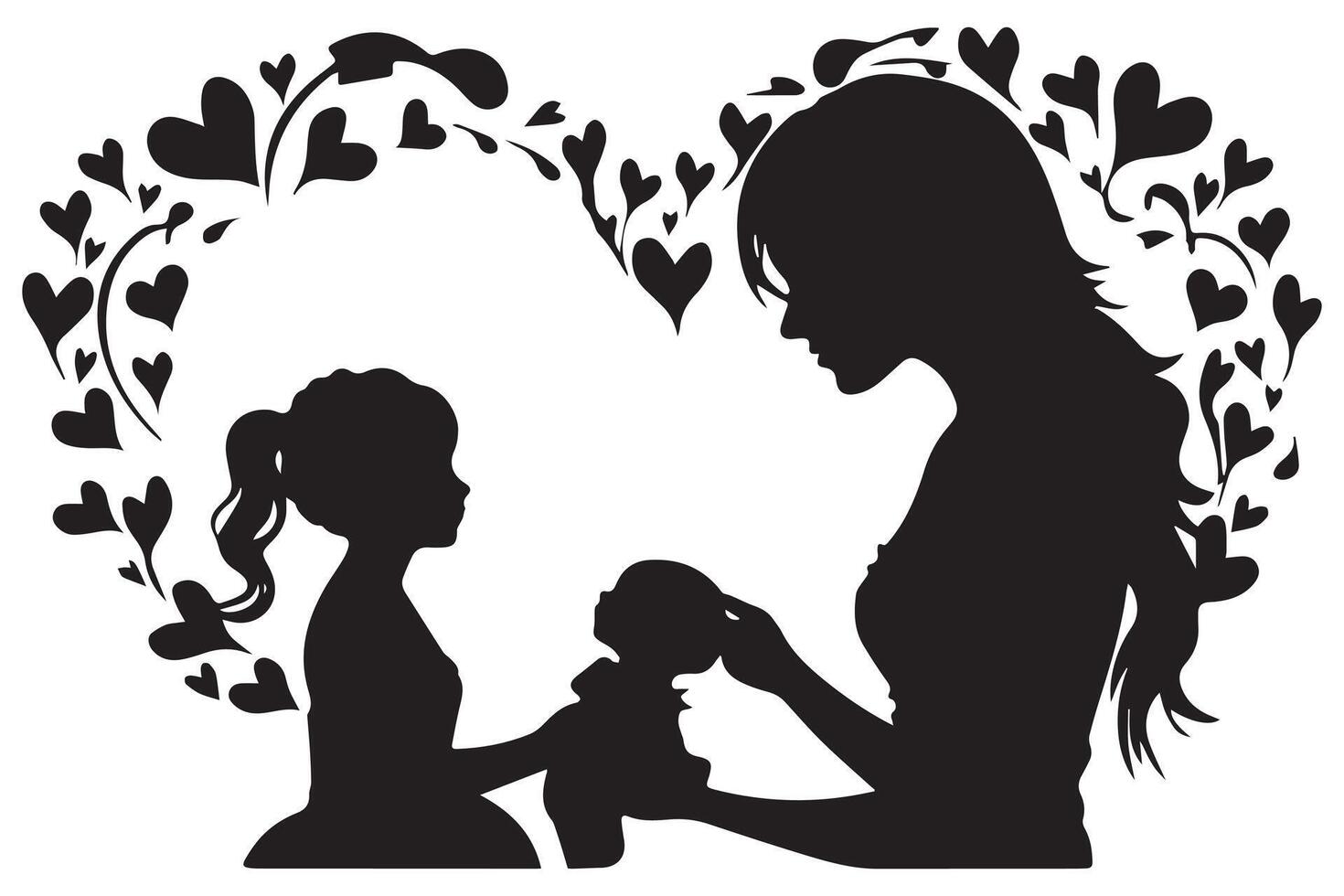 Mom and child love in the style of silhouette white backgroundmother and daughter silhouette in the heart shape, silhouette of a girl with heart vector