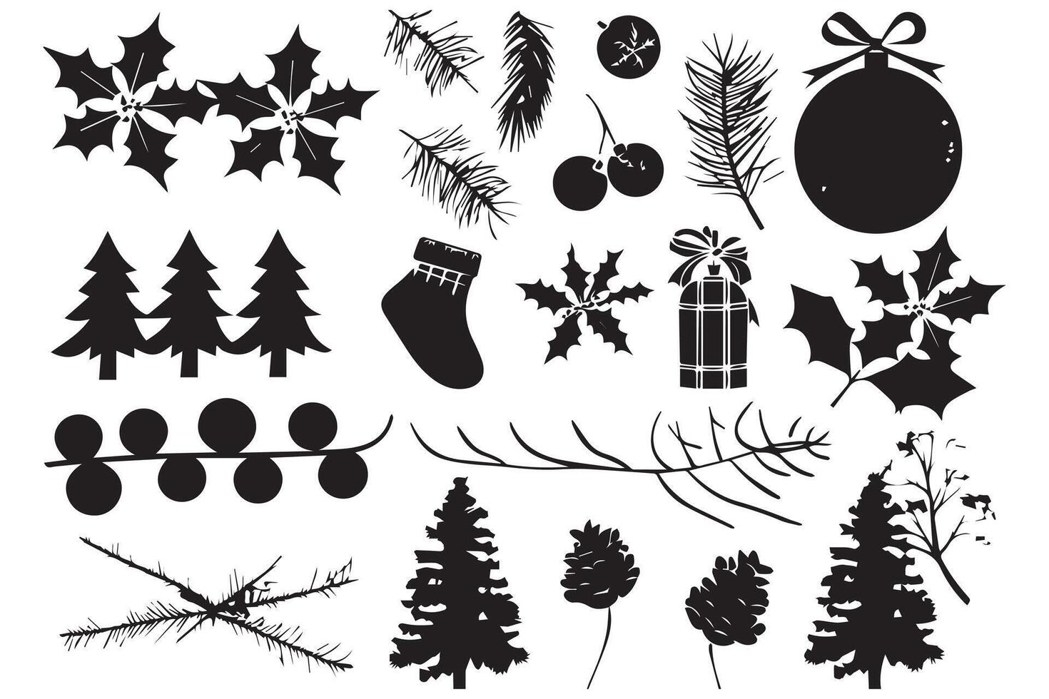 Collection of Christmas elements black silhouettes vector