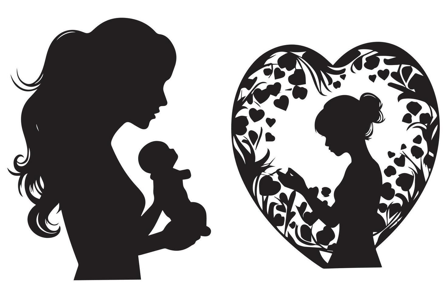 Mother with her baby, heart, outline silhouette, mother care icon on white background vector