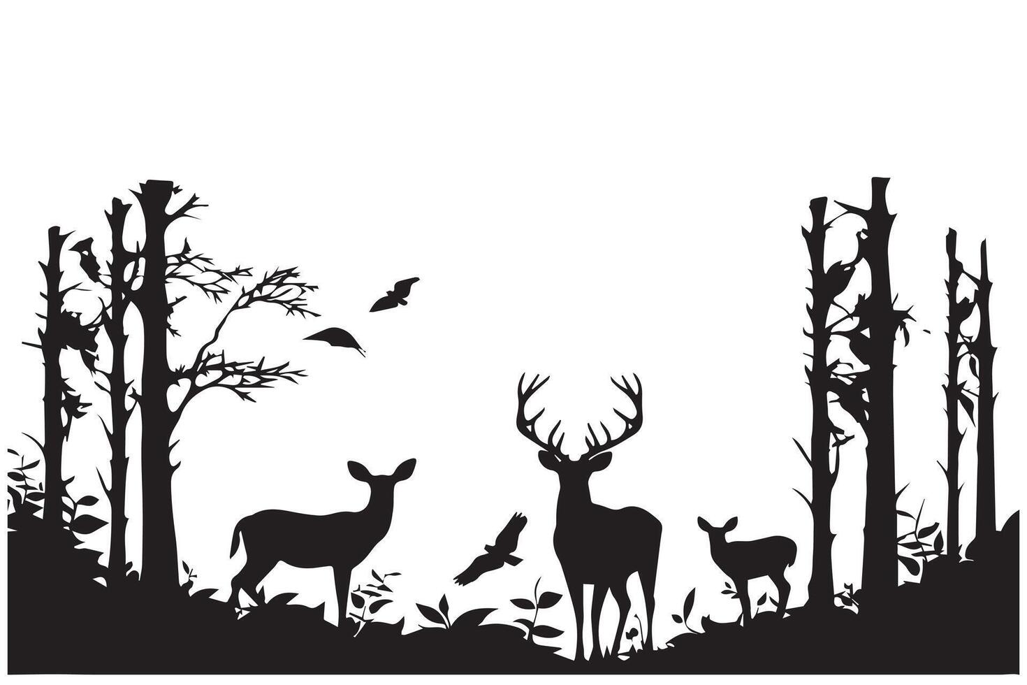 Forest trees deer family silhouettes vector