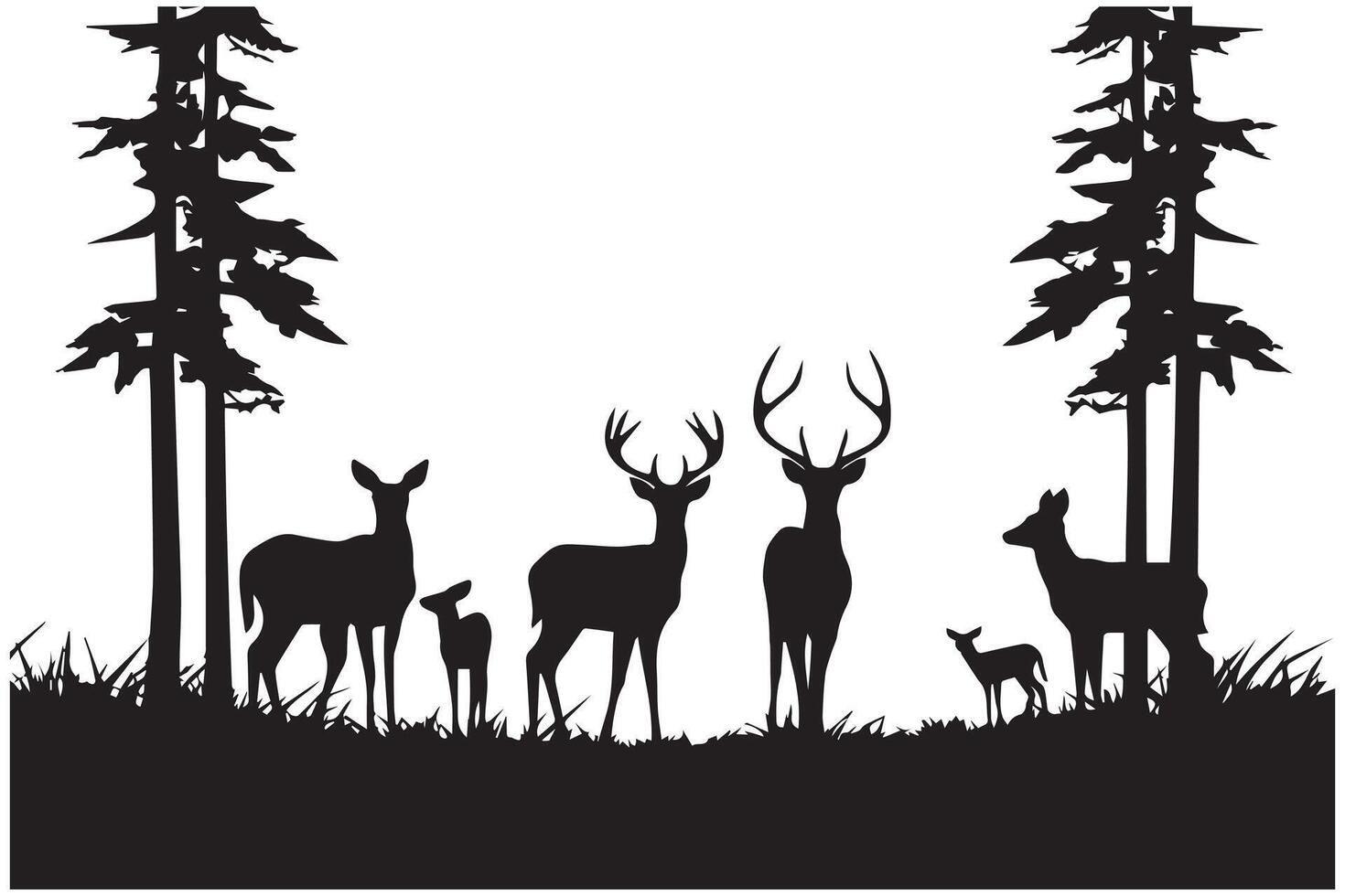 Forest trees silhouettes, deer animal and duck flock, hunting sport. nature landscape or wildlife scene background with pine woods and fallen tree vector