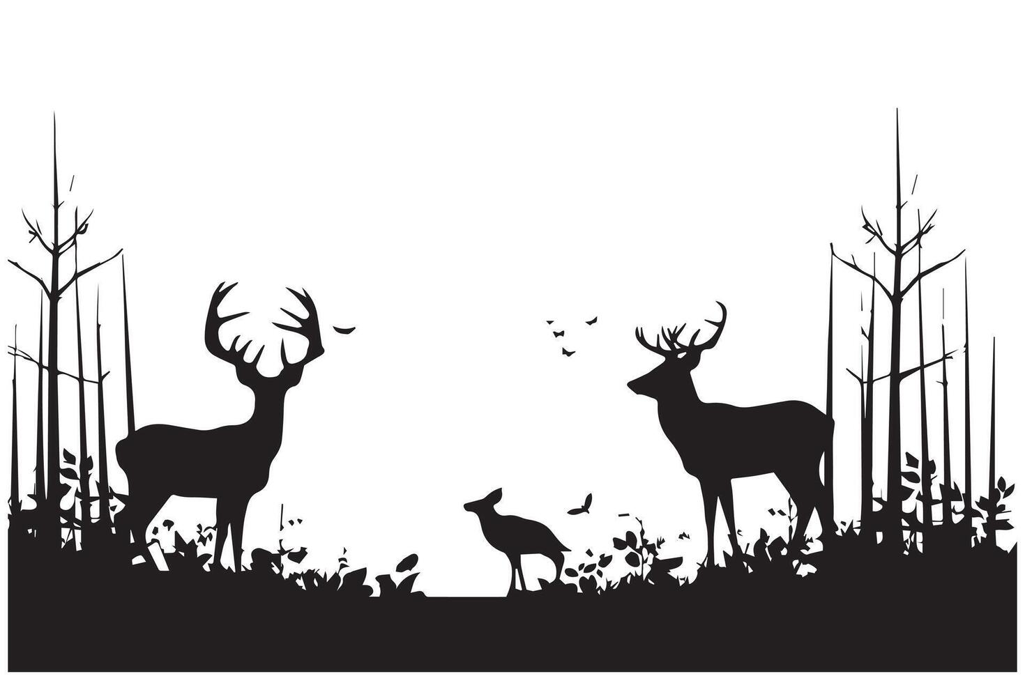 bosque arboles siluetas, ciervo animal y Pato rebaño, caza deporte. naturaleza paisaje o fauna silvestre escena antecedentes con pino bosque y caído árbol vector