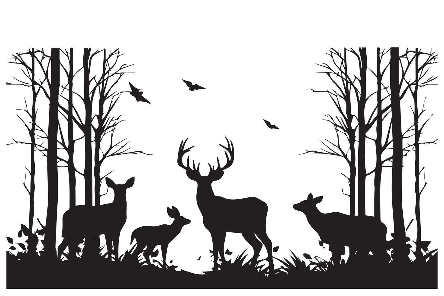 Black silhouette forest and sum deer and bird white background pro design vector
