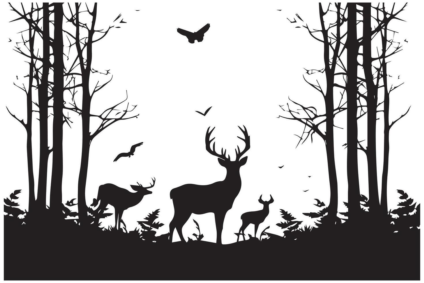 silhouette forest and deer family vector