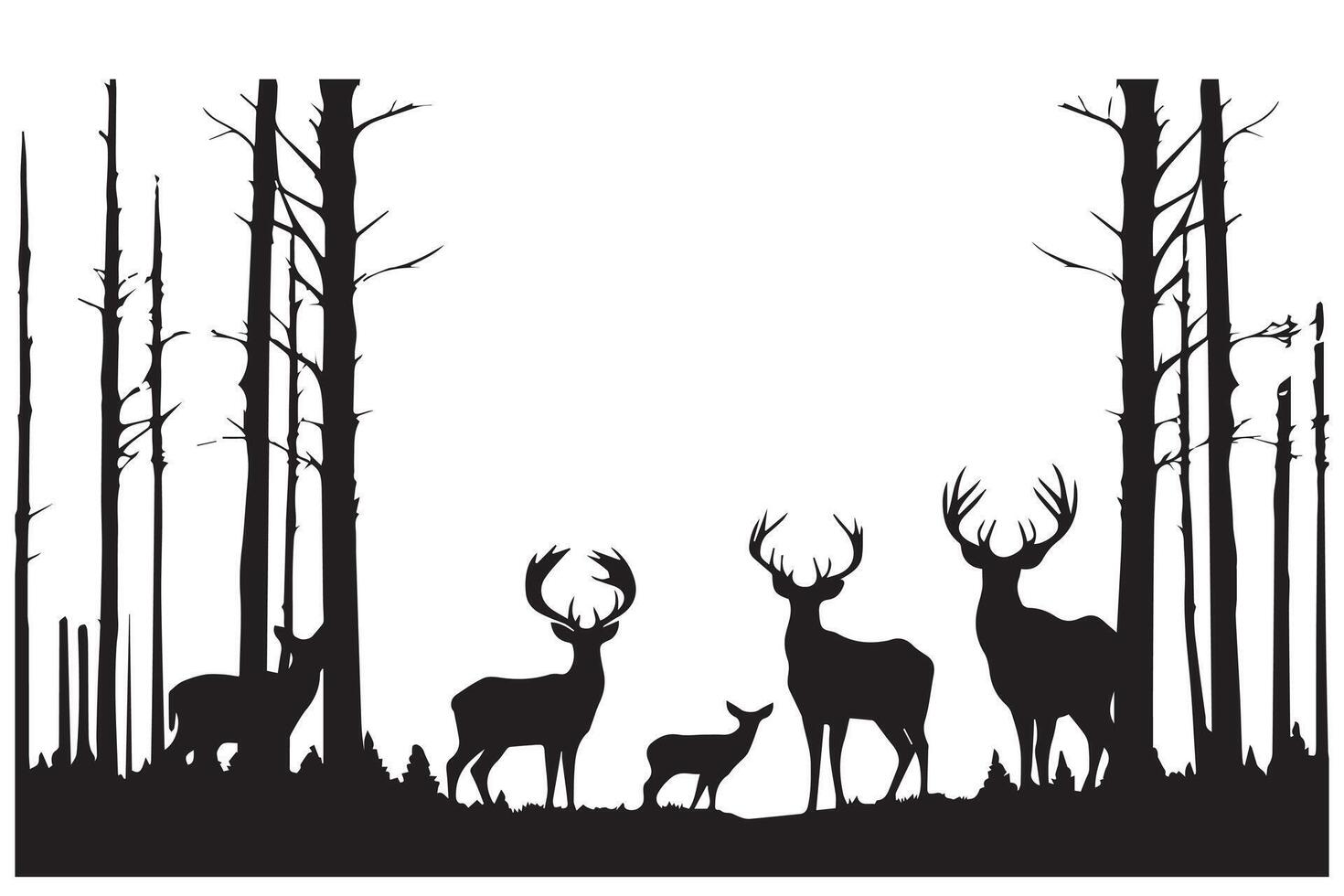 Black silhouette forest and sum deer and bird white background pro design vector