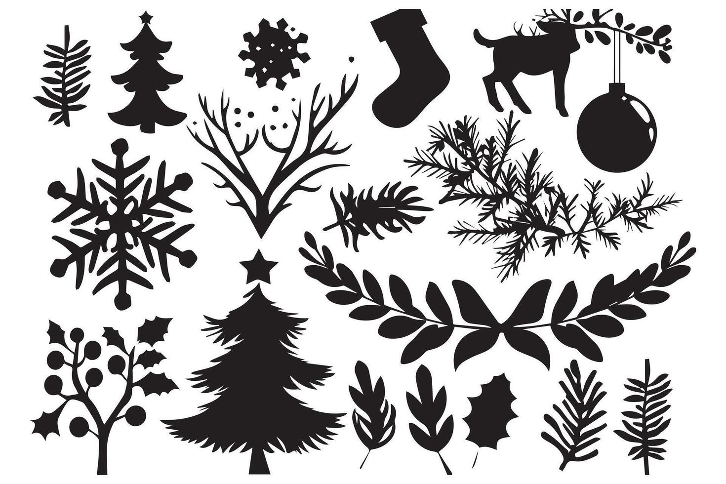 set of christmas element black silhouette pro vector