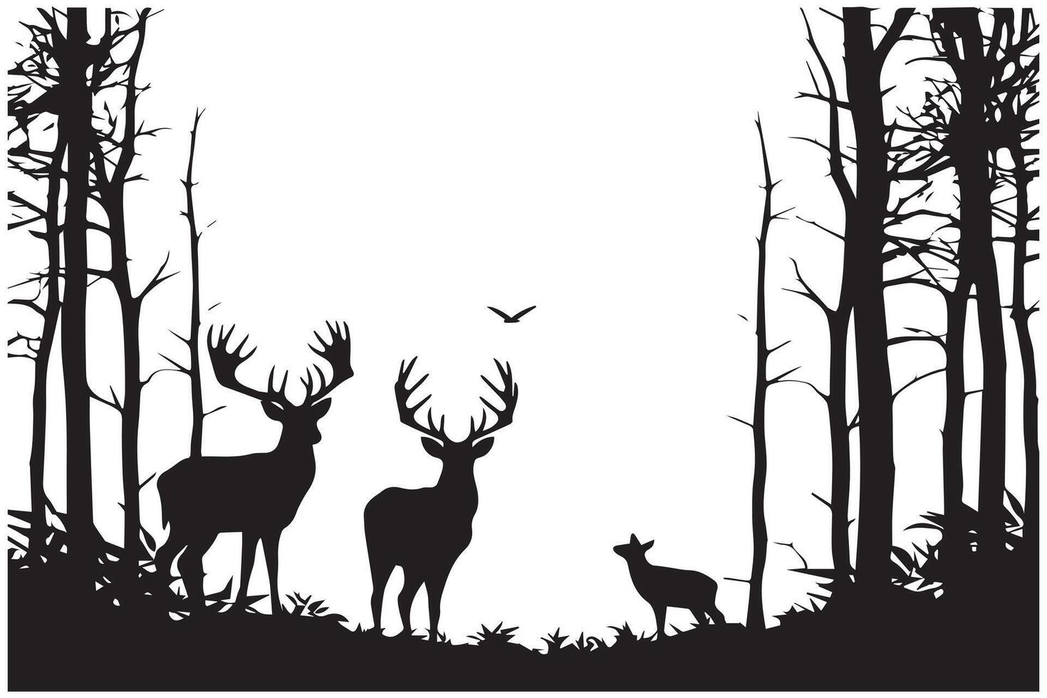 Forest trees deer family silhouettes vector