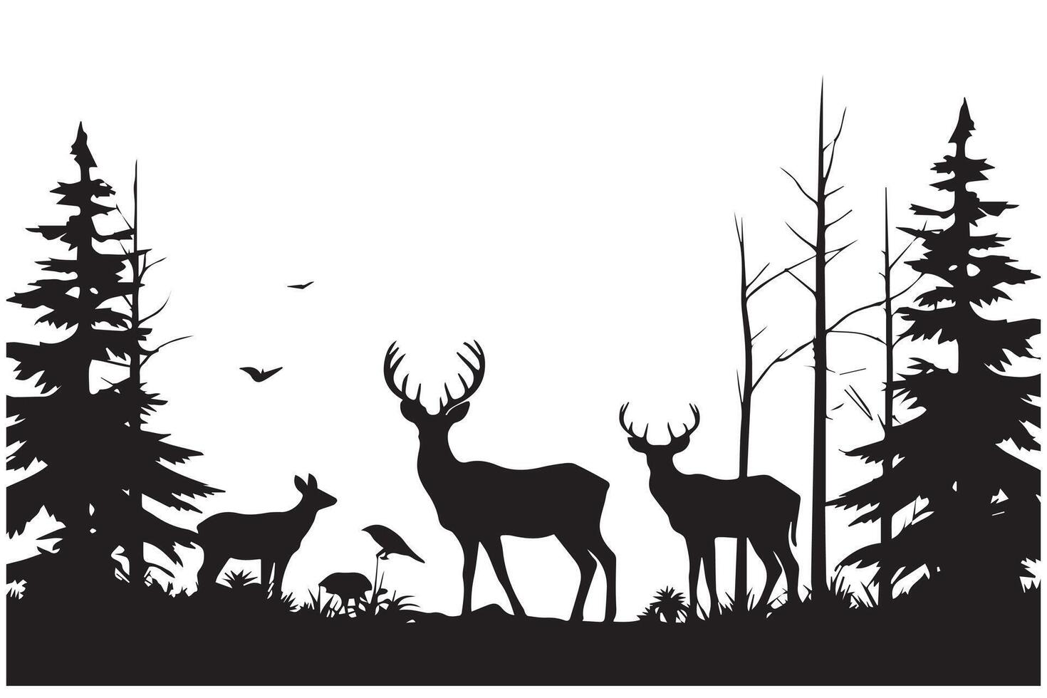 Forest trees deer family silhouettes vector