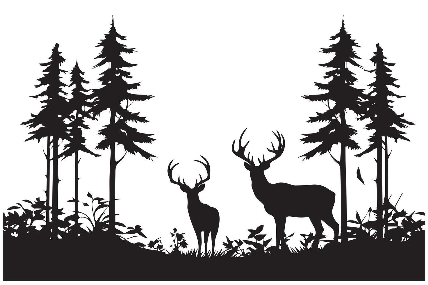 silhouette forest and deer family vector