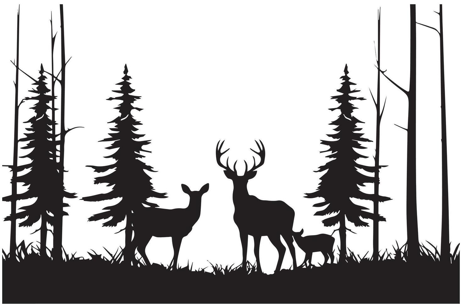 vintage forest landscape with black and white silhouettes of trees and wild animals vector