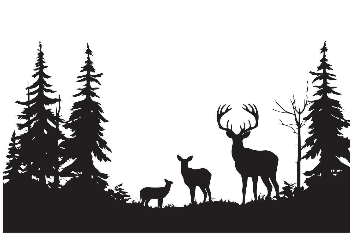 vintage forest landscape with black and white silhouettes of trees and wild animals vector