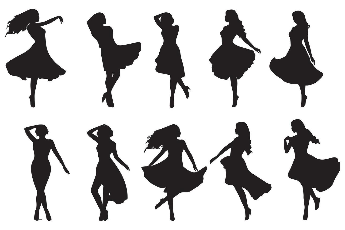 Dancing Girl Group Black Silhouette Female Figure Isolated Over White Background Illustration vector