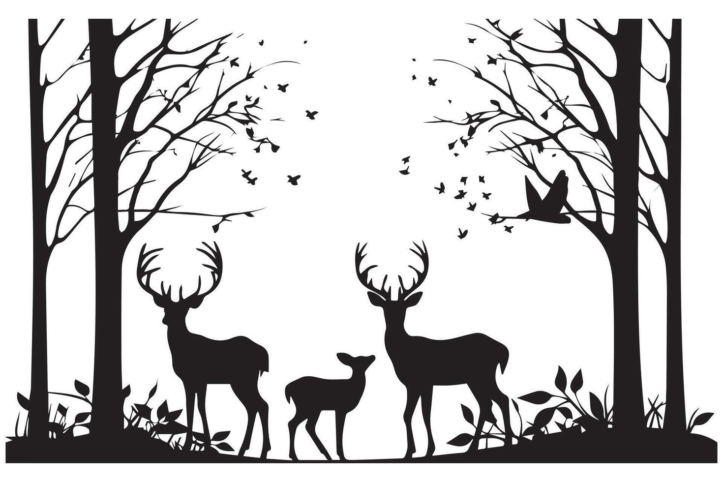 bosque arboles siluetas, ciervo animal y Pato rebaño, caza deporte. naturaleza paisaje o fauna silvestre escena antecedentes con pino bosque y caído árbol vector